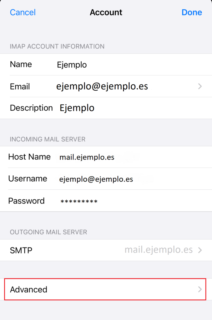Editar configuracion cuenta iphone IMAP