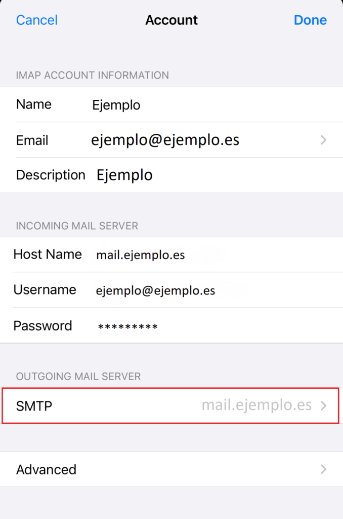 Editar configuración cuenta iPhone SMTP