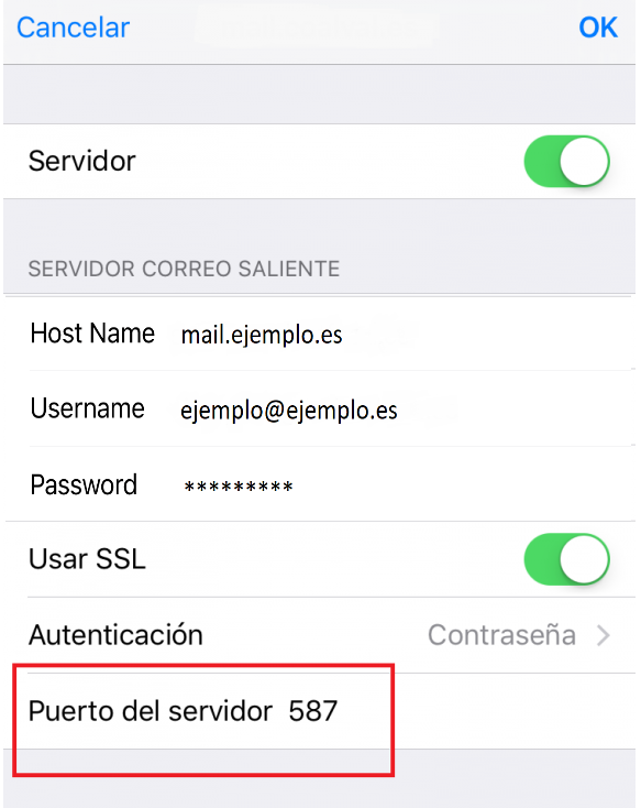 Puerto Salida SMTP iphone IOS