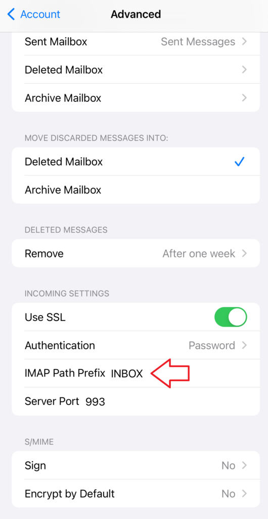 Ruta inbox y puerto IMAP