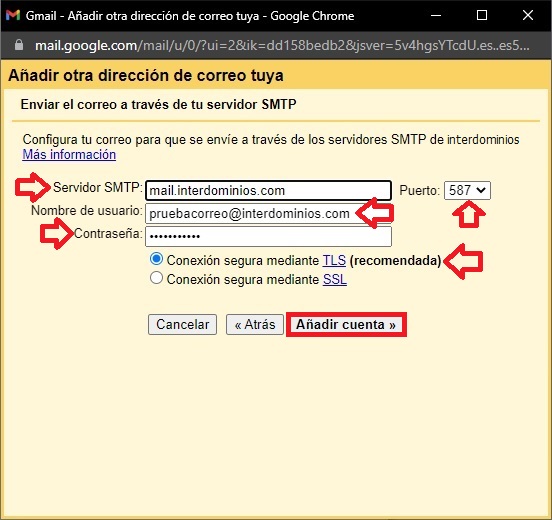 Configurando servidor salida SMTP