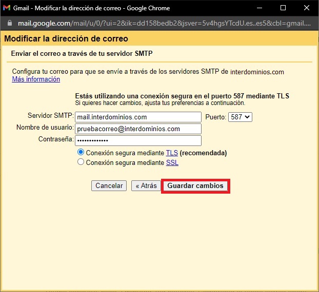 Editar configuración servidor salida SMTP