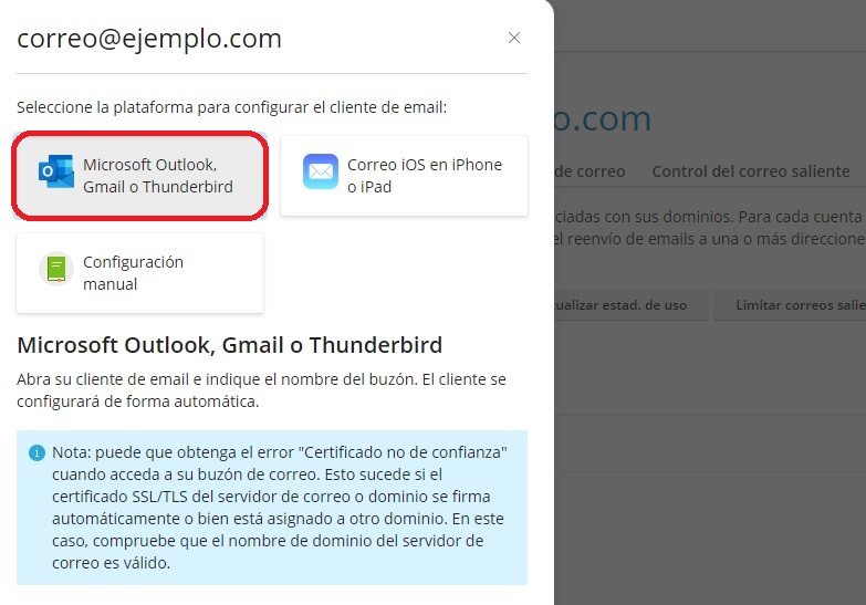 Configuración con Outlook, Gmail o Thunderbird